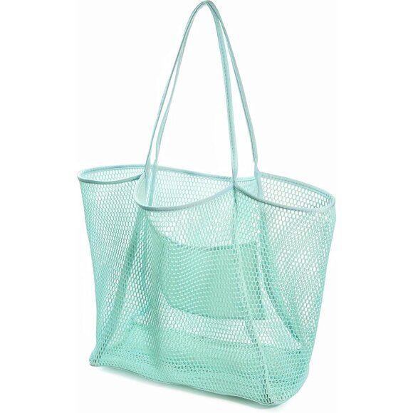 Women's Ice Blue Mesh Beach Nylon & Polyester No-closure Tote Shoulder Handbag - Picture 2 of 7